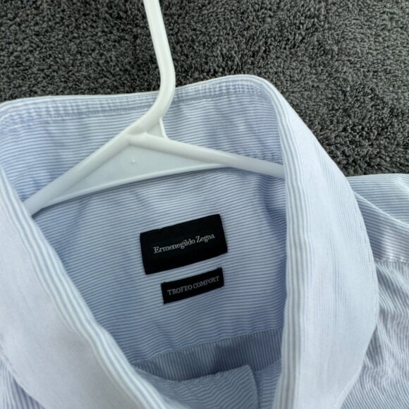 Ermenegildo Zegna Trofeo Comfort Button Up Shirt Tailored Fit 41 16 Blue Striped - Picture 9 of 14
